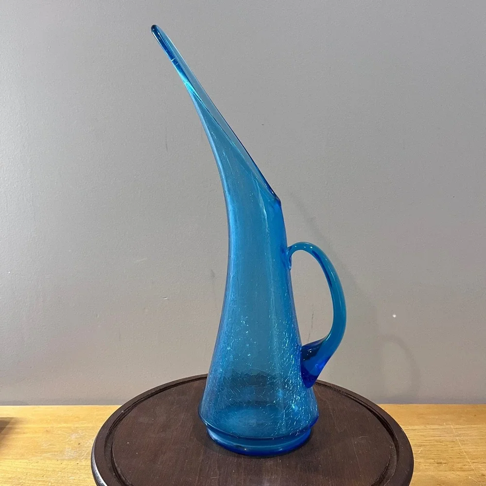 Vtg MCM Kanawha Blue Crackle Glass Pitcher Stretch Spout‎ Art Glass 14.5